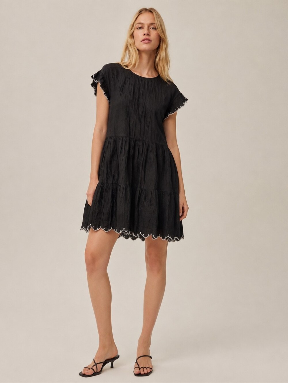 Wilfred Sidonie Babydoll Mini Dress Size M Black Flutter Sleeve White Embroidery